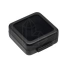Black stainless steel gemstone display box with glass lid and external dimensions of 4 × 4 × 1.6 cm