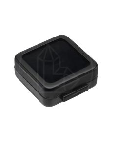 Black stainless steel gemstone display box with glass lid and external dimensions of 4 × 4 × 1.6 cm