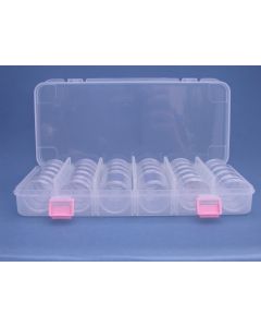 Plastic box with 3x5 en 2x4 boxes Ø 49 mm.